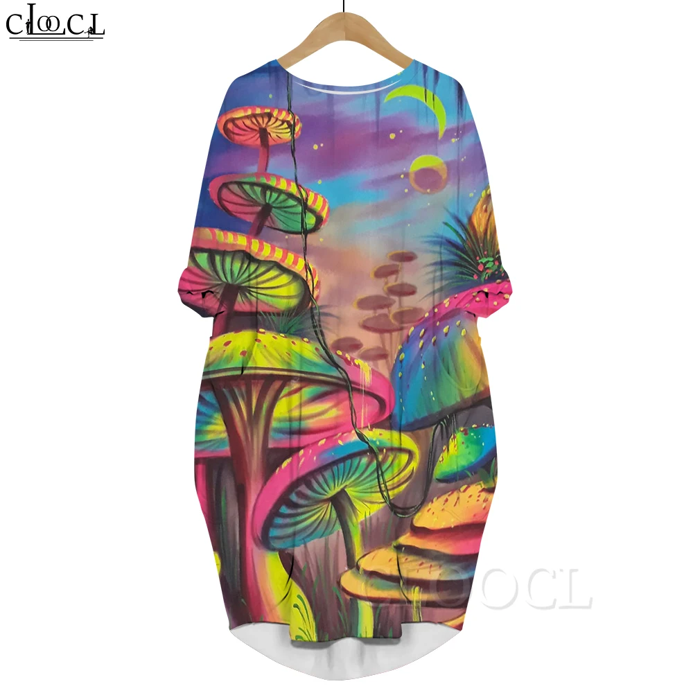 

CLOOCL Popular Long Sleeves Dress Party Dress Fantasy Mushroom Graphics 3D Printed Fashion Dress with Pocket Oversized Clothing