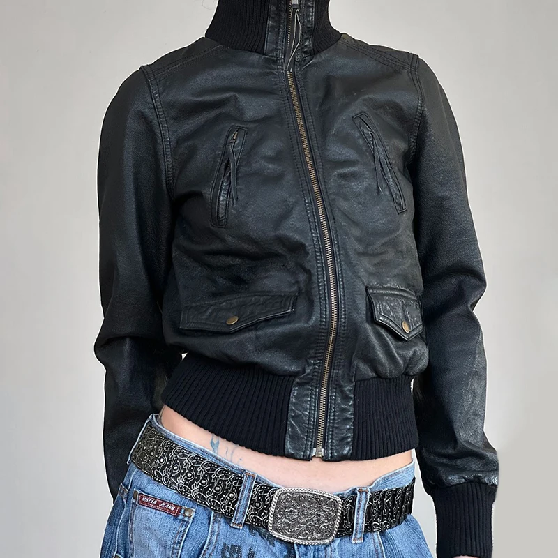 HEYounGIRL водолазка из искусственной кожи на молнии пальто в стиле панк High Street черная