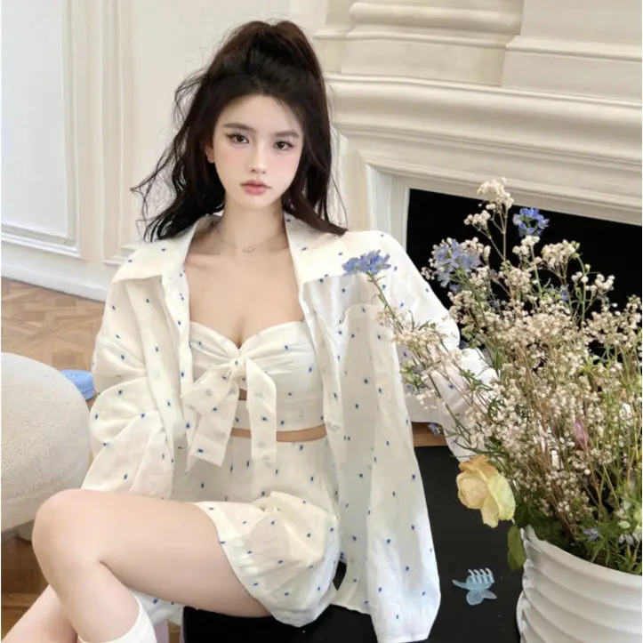 Комплект рубашки в горошек на бретелях с длинным рукавом