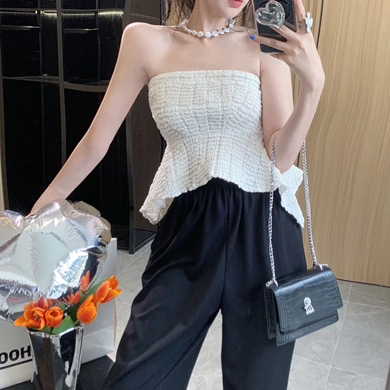 

2022 Summer Women Korean Two Piece Set French Textured Sexy Backless Tube Top + High Waist Drape Wide-leg Pants Suit 2 Piece Set
