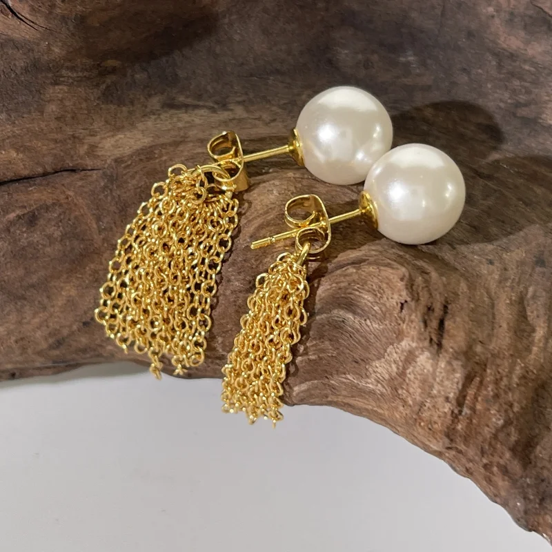 

Minar INS Fashion Imitation Pearl Stud Earrings 18K Real Gold Plated Brass Multi Chain Long Tassel Earring for Women Jewellery