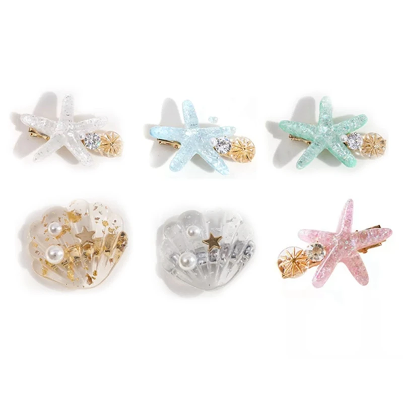 

6Pcs Vacation Style Ocean Shell Starfish Hairpin Super Flash Temperament Fringe Clip Hair Ornament