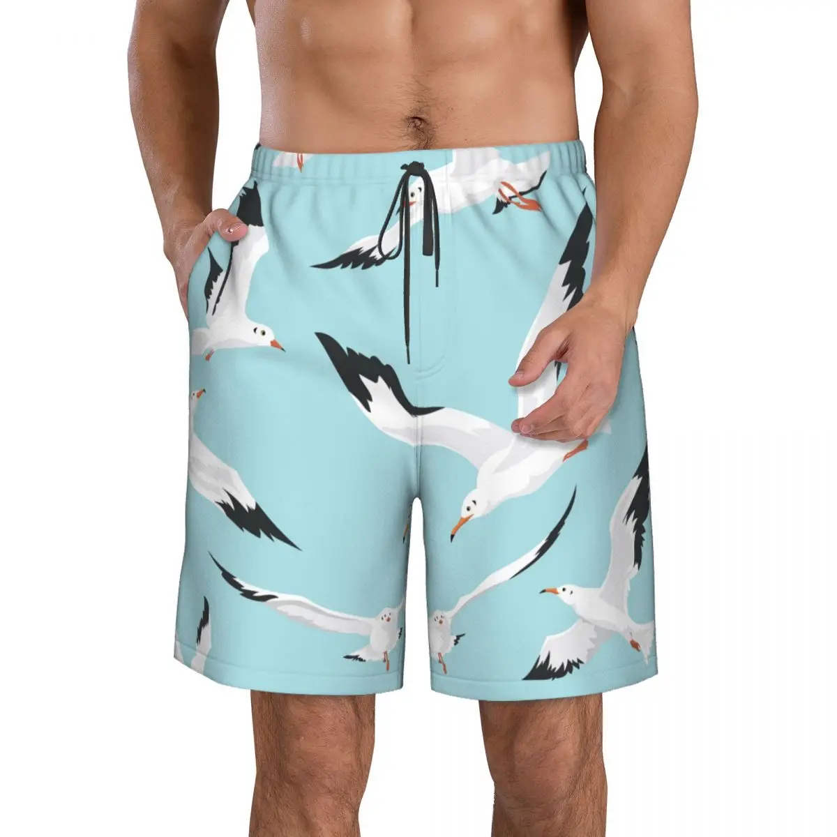 Men's Swim Shorts Summer Swimwear Man Swimsuit Swimming Trunks Beach Shorts Surf Board Male Clothing Pants Seagulls Flying Blue