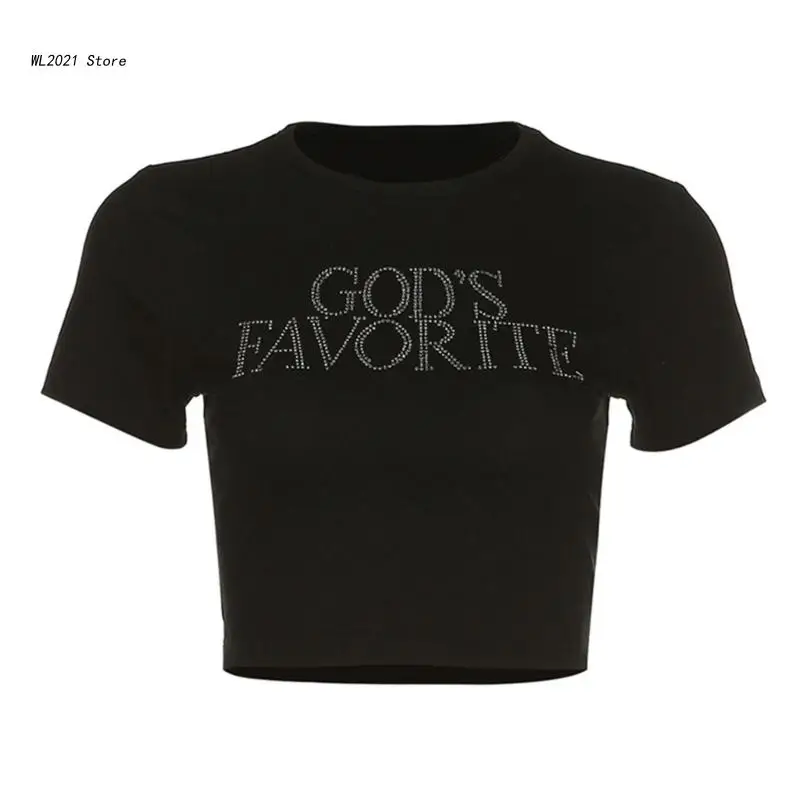 

Женский Забавный укороченный топ Стразы с буквенным принтом, футболка с коротким рукавом и графическим пупком