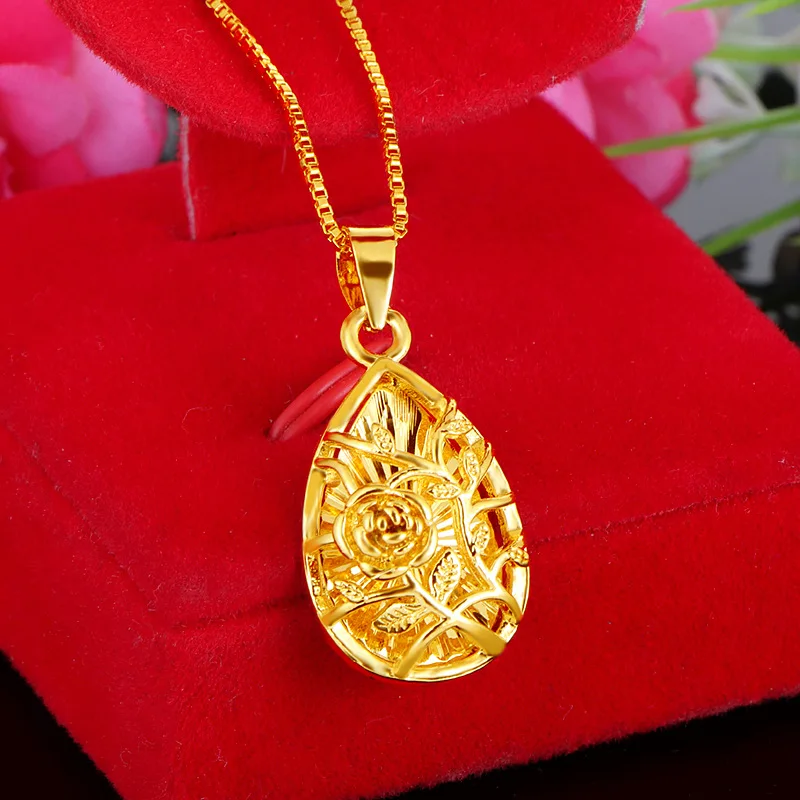

Orginal 24k Gold Color Droplet Pendant Pendant for Women Mom 3d Rose Shape Luck Yellow Gold Necklaces Chains Fine Jewelry Gifts