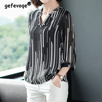casual vintage striped printing chiffon shirt summer 2022 new v neck three quarter sleeve loose pullovers blouse ladies clothing