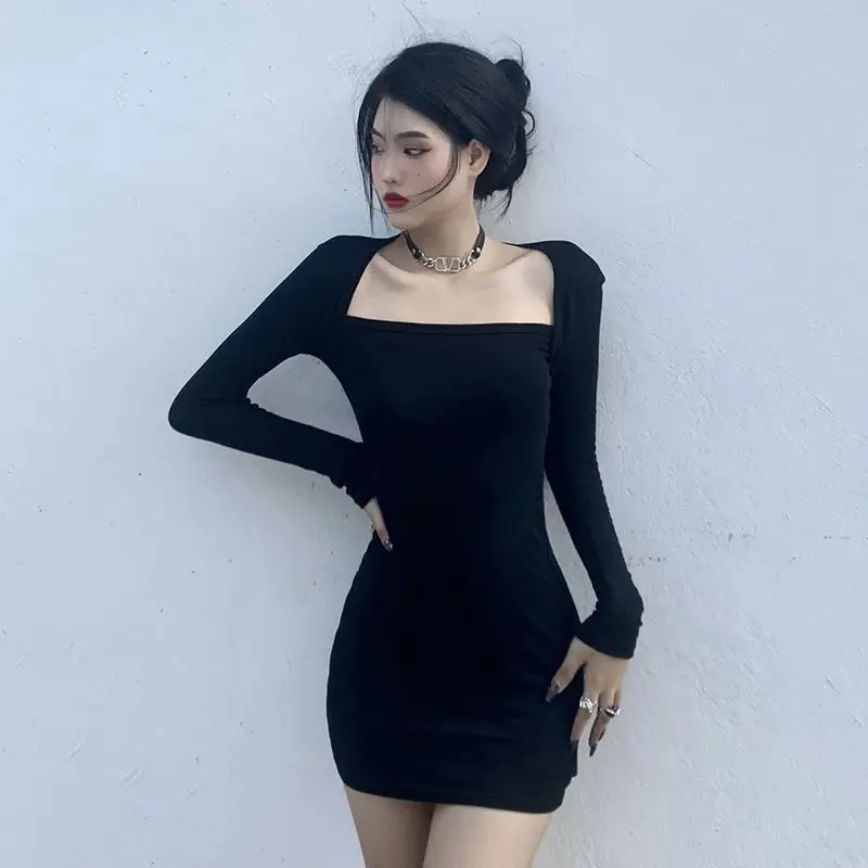 

Spring Autumn Basic Elegant Dresses For Women New Year 2022 Long Sleeve Black Dress Square Collar Wrap Hip Mini Vestidos Mujer