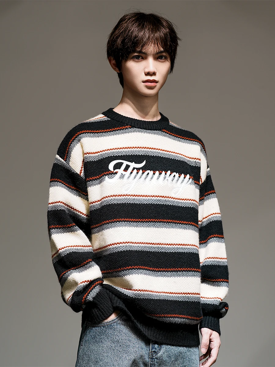 Японский модный зимний новый вязаный свитер в полоску с вышивкой букв мужская и