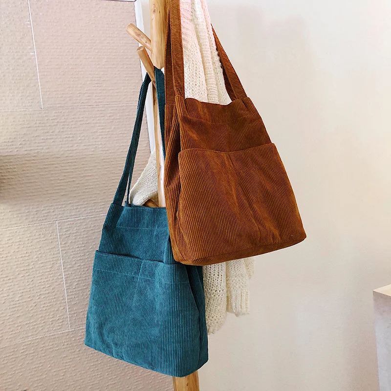

2023 Corduroy Totes Bag Carry Shoulder Bag Retro Casual Handbags With Inner Pocket For School Work Beach Travel and Shopping