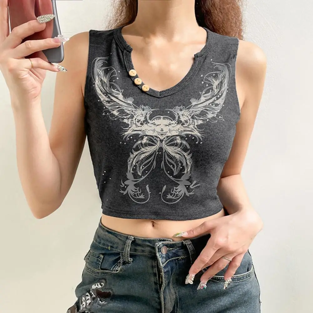 

Майка женская летняя с V-образным вырезом, Облегающая рубашка с коротким рукавом-фонариком, топ с открытым пупком и абстрактным рисунком баб...