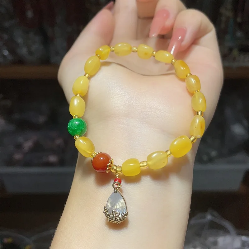 

Honey Wax Chicken Oil Yellow Bracelet Jade Round Beads Single Loop Bracelet Girlfriend Gift Jewelry