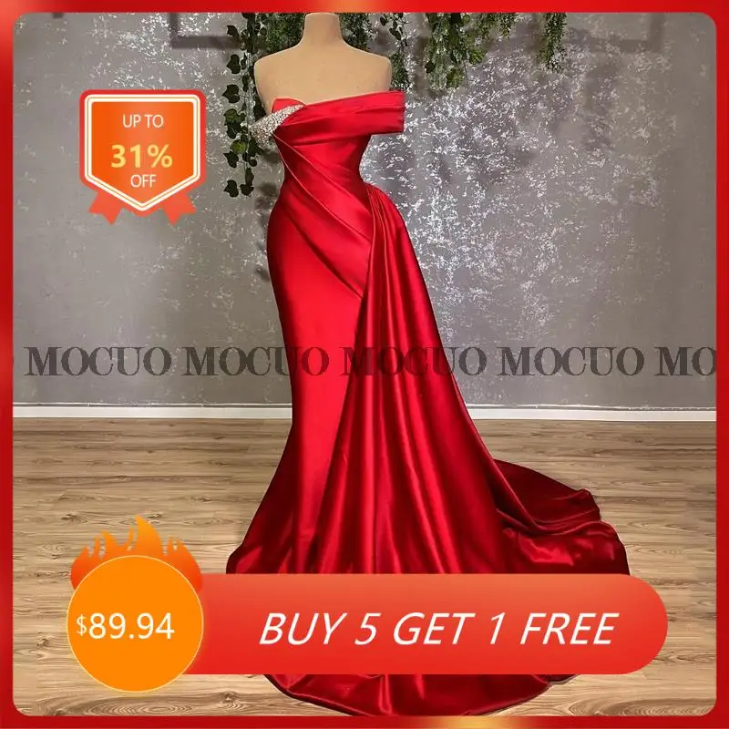 

Red Prom Dress Sexy Beadings Floor Length Mermaid Off Shoulder High Split Satin Evening Dresses Dubai Arabic Plus Size