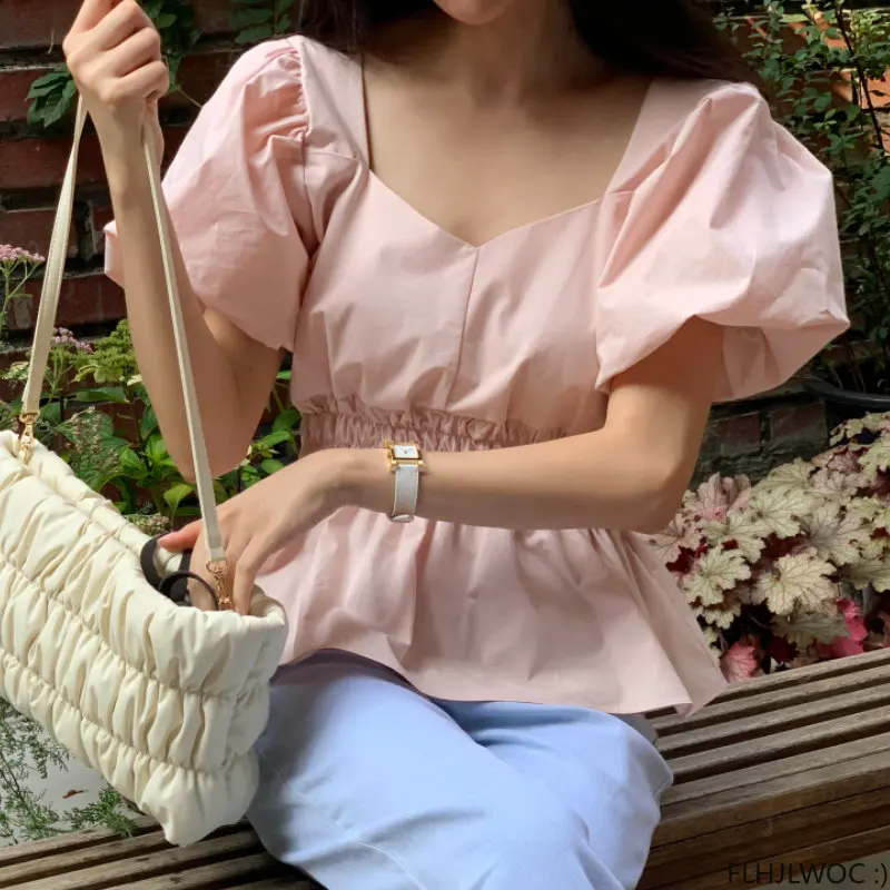 

Блузка с пышными рукавами, однотонная черная, белая, розовая блузка с баской, в корейском и японском стиле, с V-образным вырезом, 2023