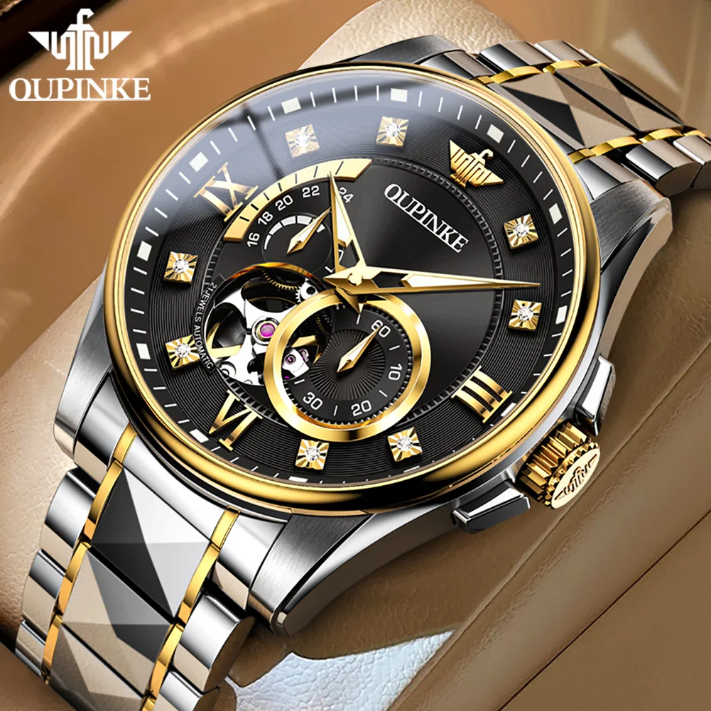 

OUPINKE Men Luxury Tungsten steel Automatic Watches Skeleton Self-Winding Watches Sapphire Mechanical Waterproof Luminous Watch