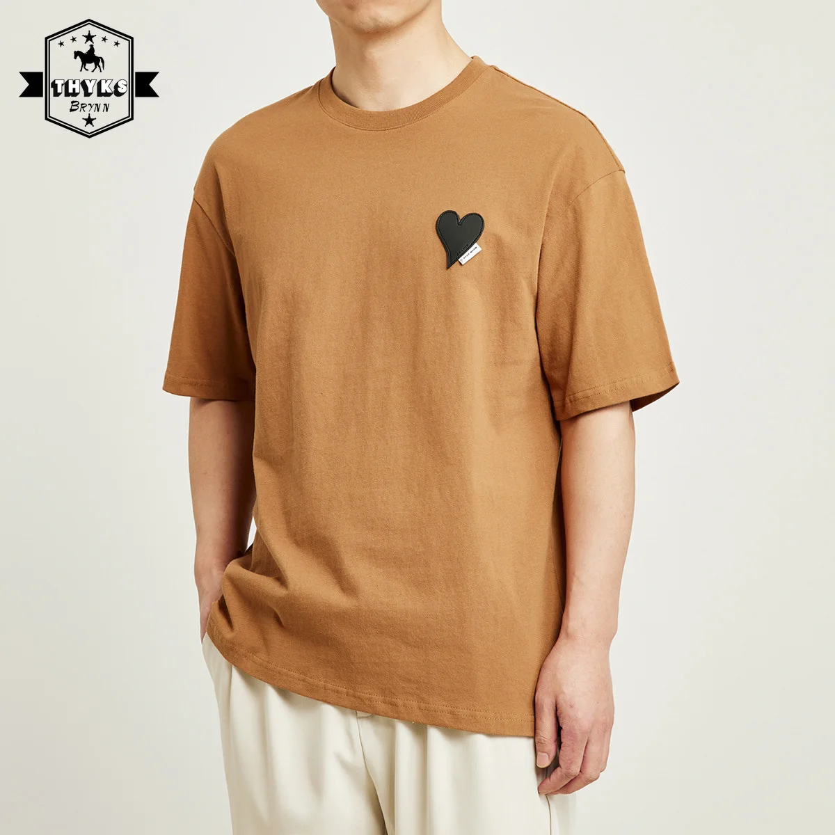 

Pure Cotton T-Shirts Men Short Sleeve Heart Applique Casual Soild T-Shirt 100% Purified Cotton Men's Streetwear Simple Tees Top