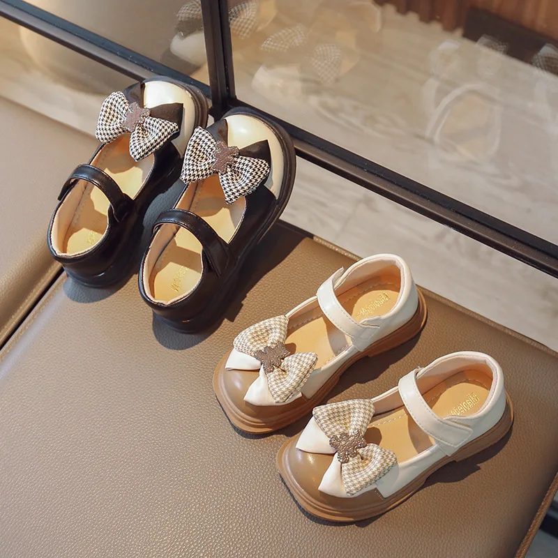 

2023 Spring New Girls Leather Shoes Color Matching Thousand Bird Grid Bow Soft Sole Princess Children Performance Shoes Simple
