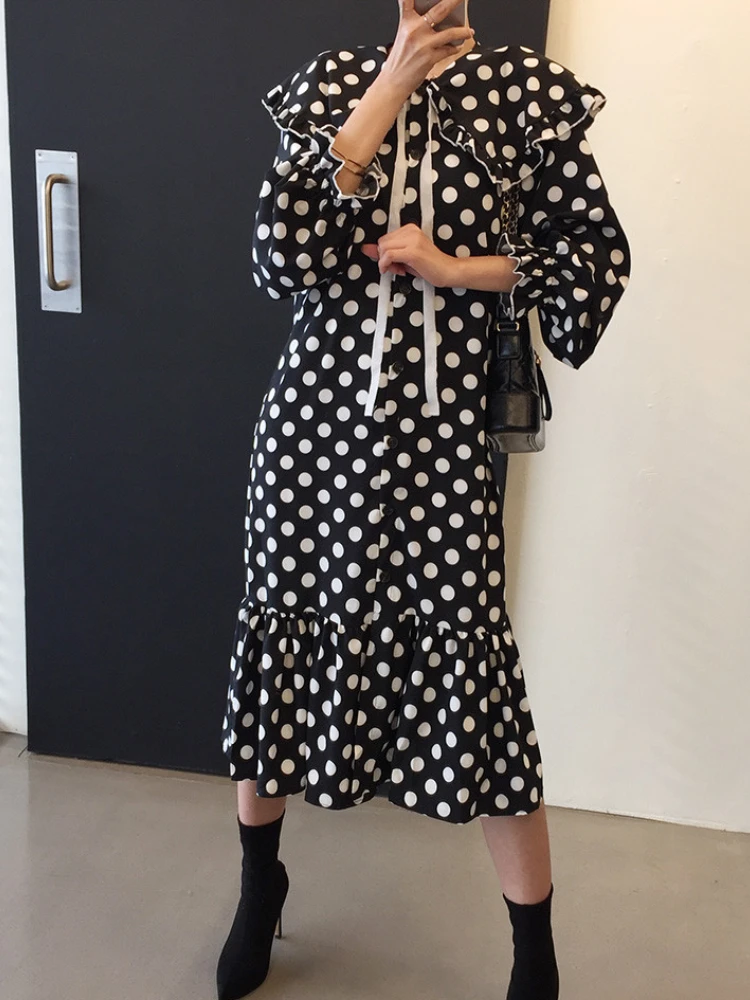 

Summer Women Casual Dot Print Midi Dress Ladies Fashion Long Sleeve Black Sundress Elegant Puff Sleeve Vestidos