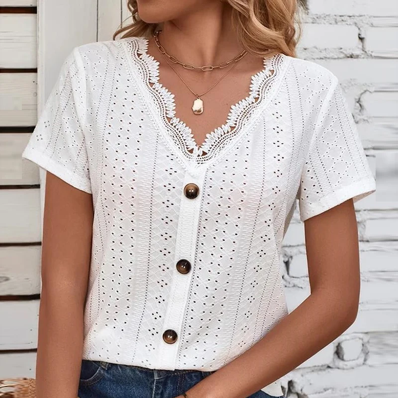 

Casual Hollow Out V-neck Lace Blouse Elegant Single-breasted Short Sleeve Shirt for Women Summer Fashion Loose White Tops 28325