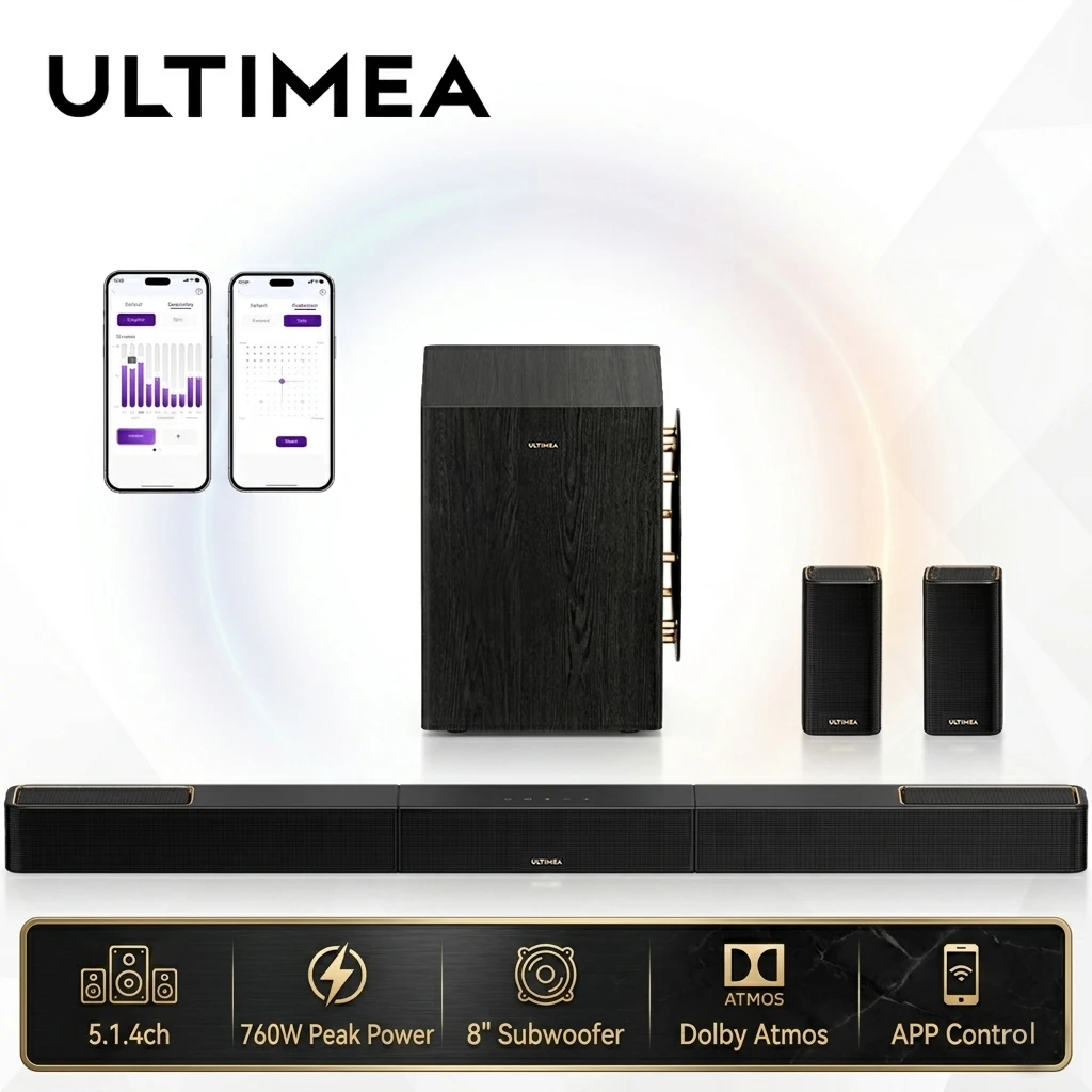 Фото Саундбар ULTIMEA 760W 5.1.4ch с Dolby Atmos, система объемного звучания для телевизора с 8-дюймовым сабвуфером и 2 беспроводными тыловыми колонками №1