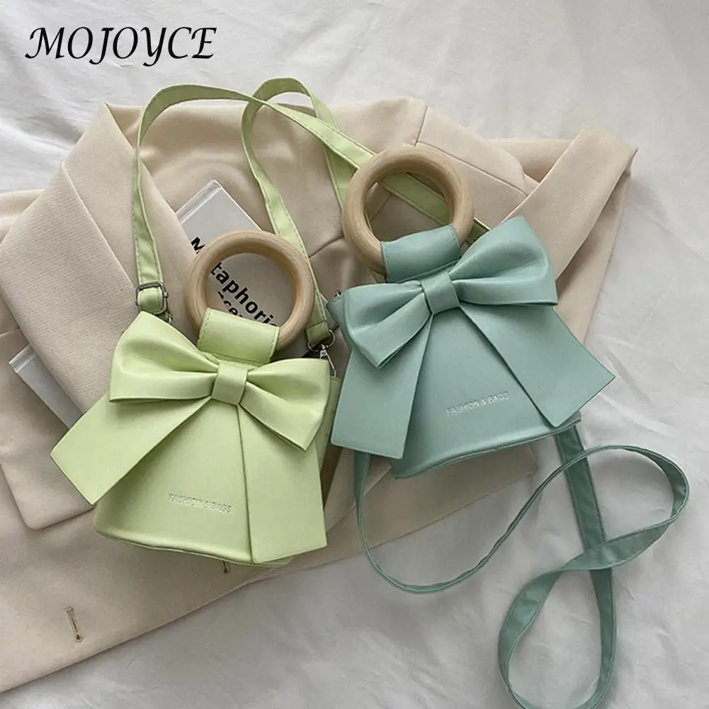 

Летняя милая маленькая кожаная сумка-ведро с бантом, сумка через плечо, женские круглые сумки-тоуты с деревянными ручками, модные дизайнерс...