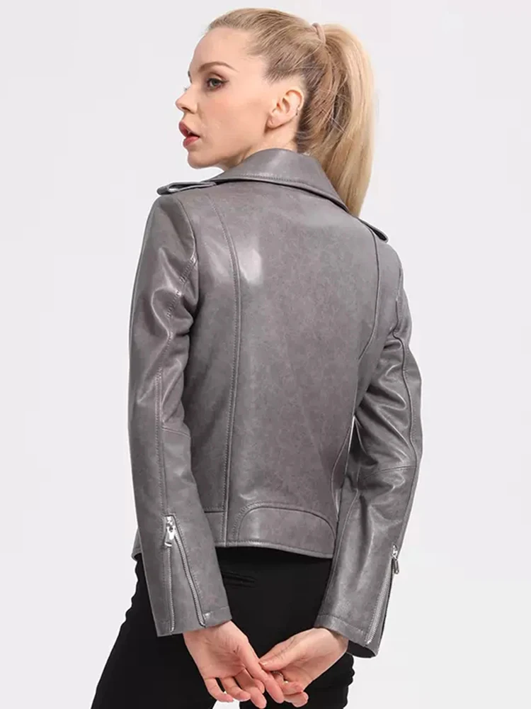 New Women Short Sheepskin Coat Spring Autumn Fashion Soft Turn-down Collar Long Sleeve Genuine Leather Jacket Slim Outerwear