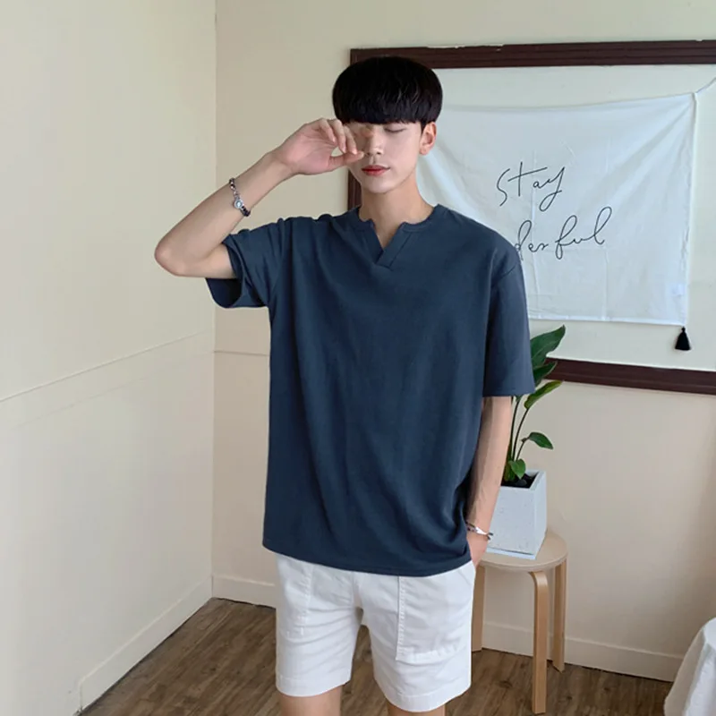 

Футболка мужская хлопковая с коротким рукавом, Свободная блуза цвета хаки, голубая рубашка в Корейском стиле, топы размера XXL для мальчиков, ...