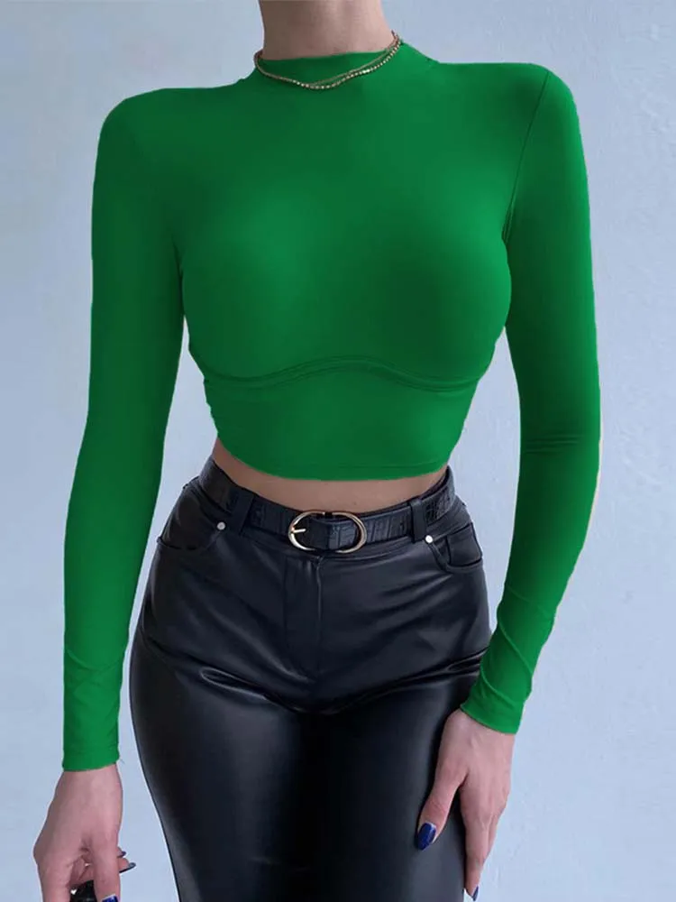

Turtleneck Green Womens T Shirt 2022 Spring Solid Basic Sexy Cropped Long Sleeve Slim Casual Tops Black