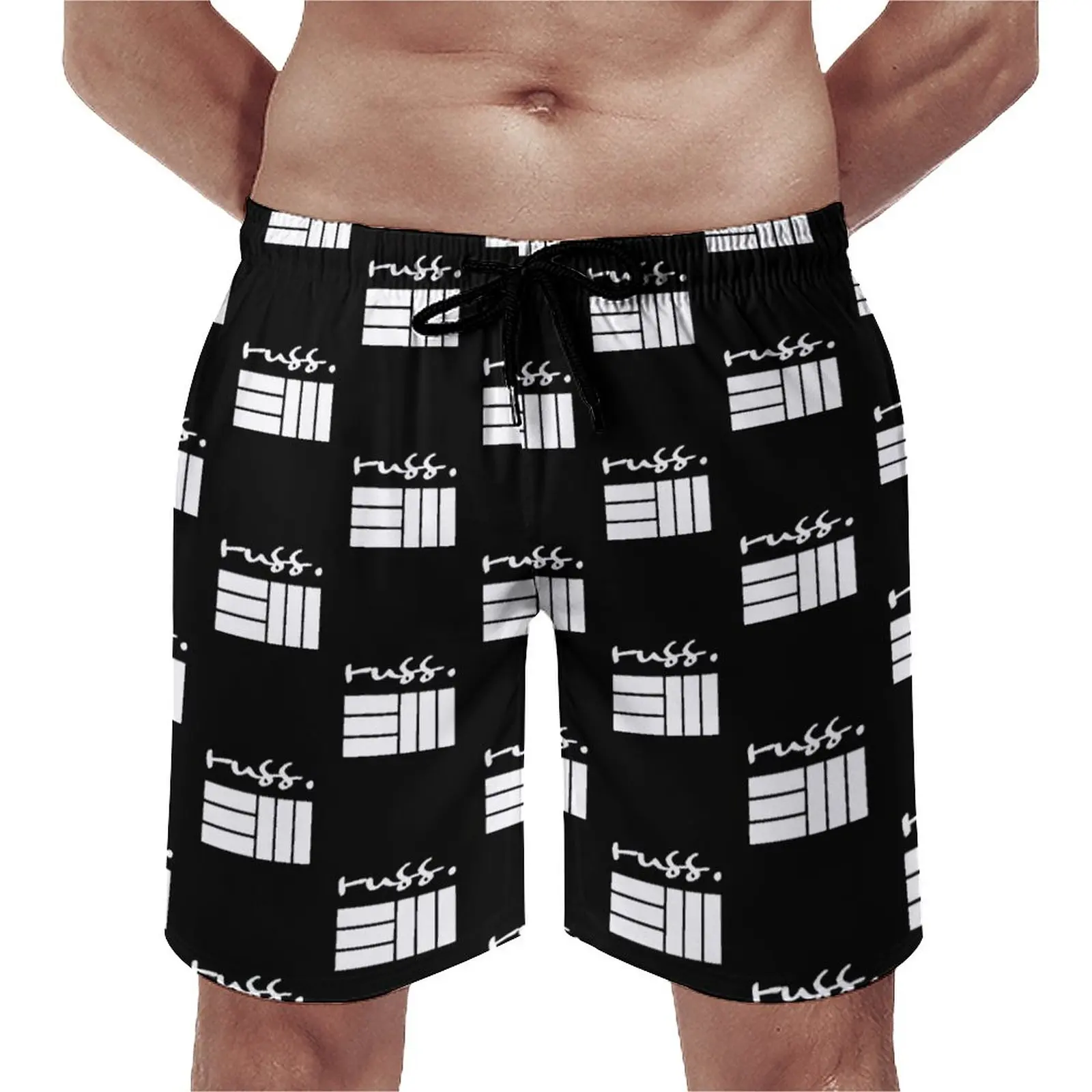 

Best Selling Russ Board Shorts Hot Sale Design Logo Black White Art Print Beach Shorts Men's Elastic Waist Cute Swim Trunks 3XL