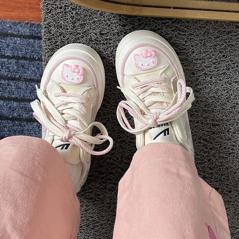 

Hello Кроссовки Hello Kitty Sanrio, текстильные туфли с низким верхом, летняя дышащая женская обувь, симпатичные белые кроссовки с героями мультфильмо...