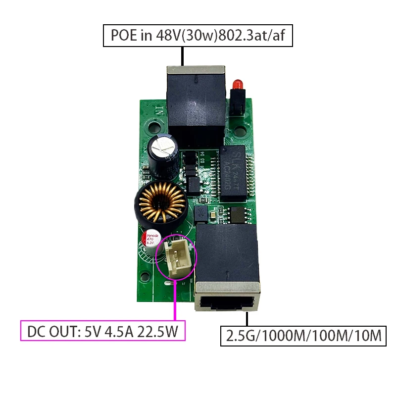 Фото Активный изолированный разветвитель PoE от 48 В до 12 В, 5 В IEEE802.3af/at, выход постоянного тока 12 В, 5 В, 26 Вт, 2,5 Г/10/100/1000 м №4
