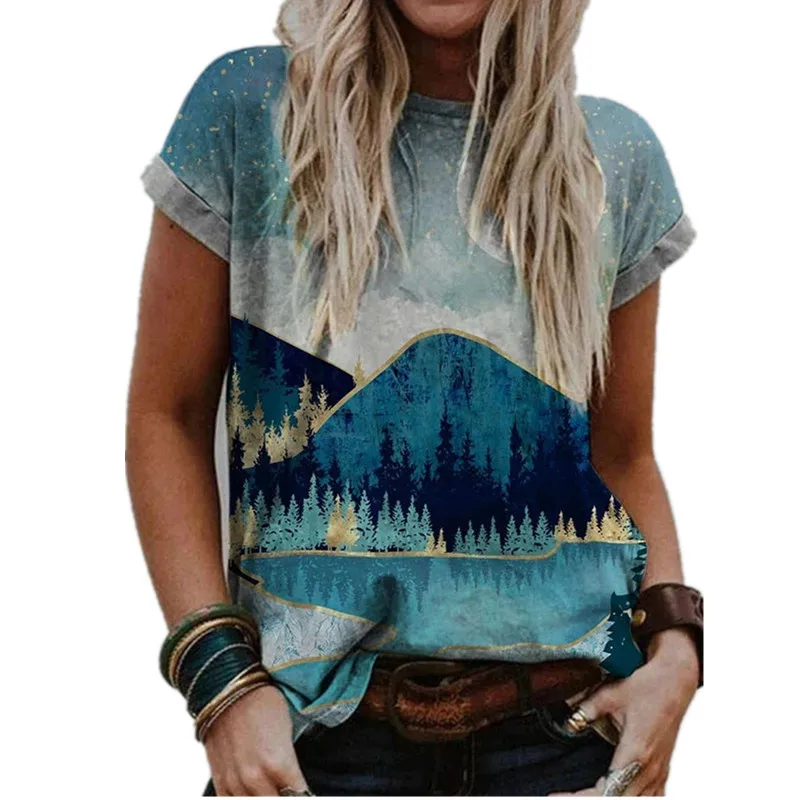 

Fashion Oil Painting Landscape Print T Shirt Tee Tops Ladies Casual O- Neck Loose Short Sleeve Streetwear