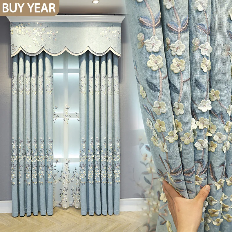 

European-style Curtains for Living Dining Room Bedroom Embossed Fresh Gray Blue Chenille Valance Curtain Tulle French Window