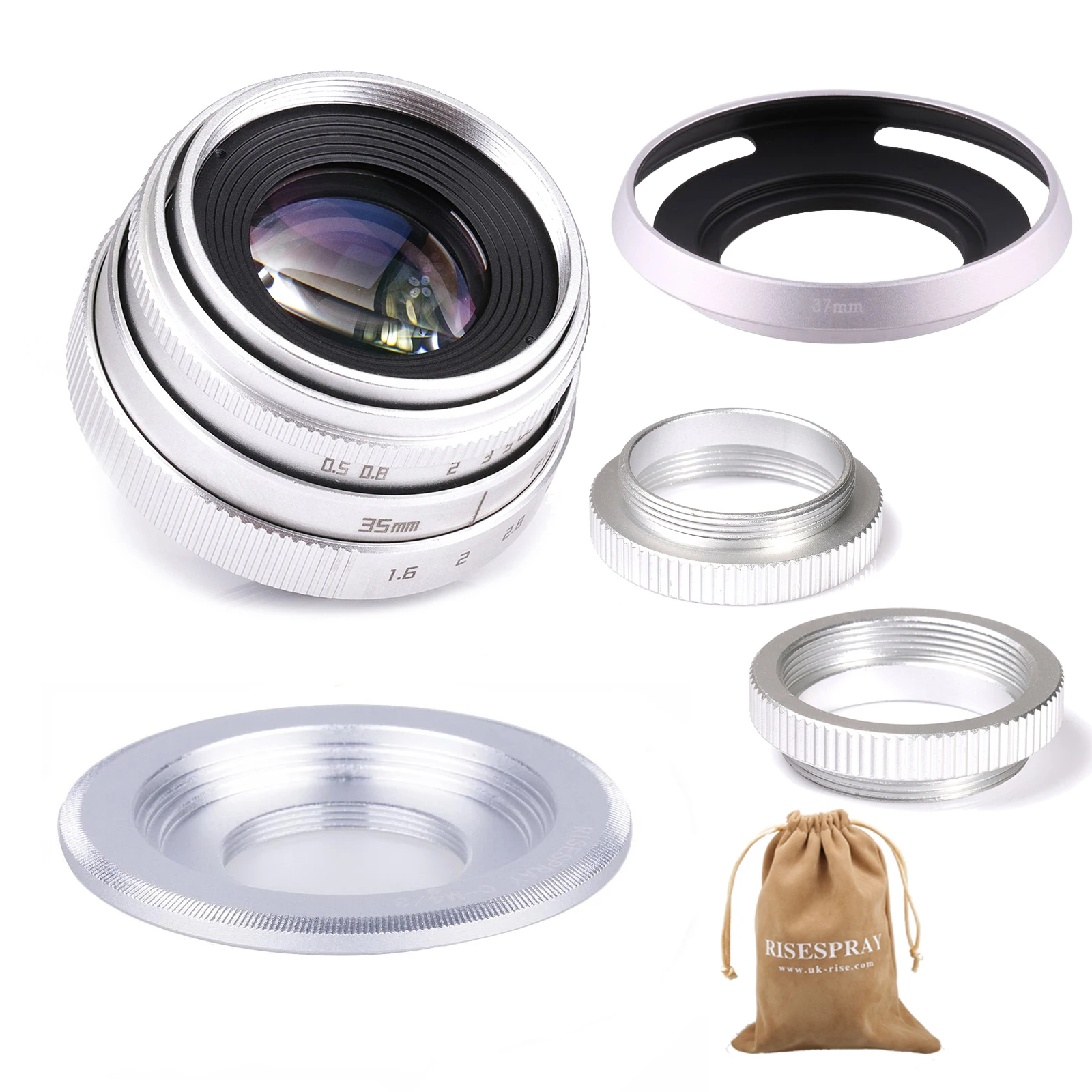 

Silver Mini 35mm f/1.6 APS-C CCTV Lens+adapter ring+2 Macro Ring+lens hood for Panasonic/O lympus Micro4/3 M4/3 Mirroless Camera