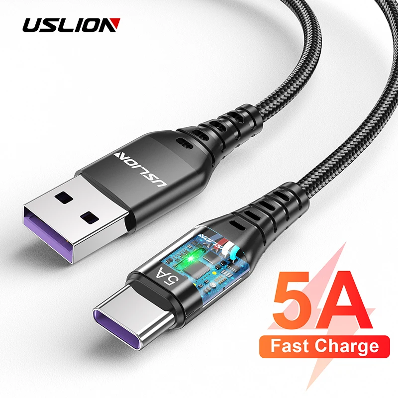 

USB-кабель USLION 5A типа C для Huawei P30 P40 Pro, провод для быстрой зарядки Micro Android, USBC, шнур для зарядки и передачи данных для Samsung S21, S20, 3 м