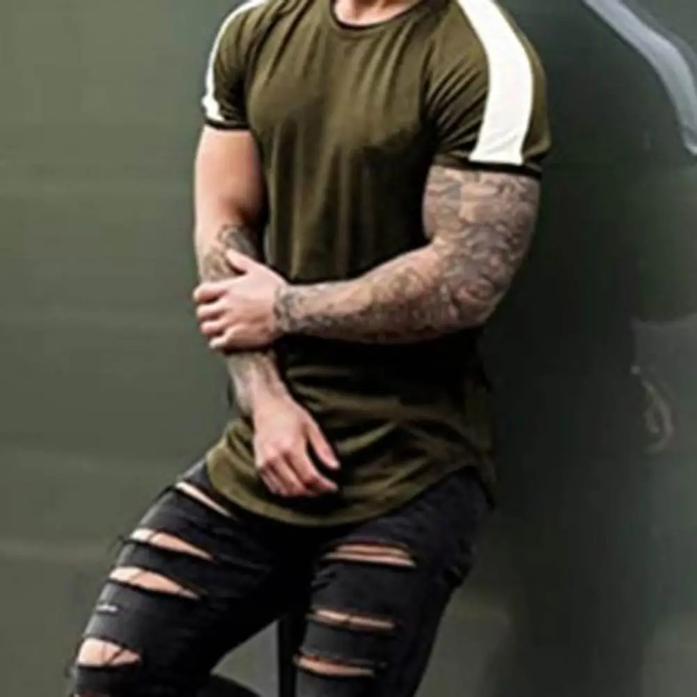 

6 Sizes Fashion Men's Clothing Casual O Neck Men T-shirts All-match Cool Contrast Color Casual Top for Sport