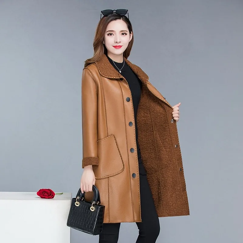 

Autumn Women's Leather Jacket Size XL-5XL Black Brown PU Leather Jackets Women Winter Coat Classic Warm Long Leather Jacket Coat