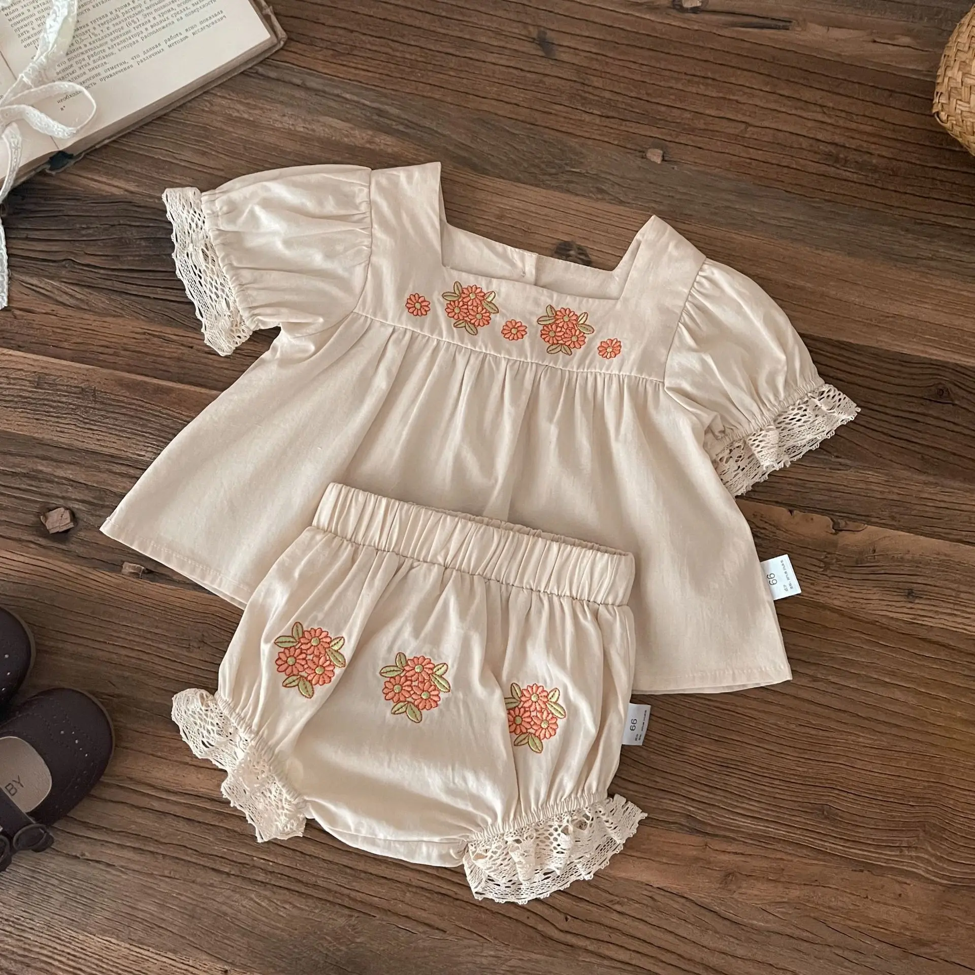 

Summer Girl Baby Embroidery Flower T Shirt Suit Boy Infant Sweet Lace Thin Short Sleeves Tops + Shorts 2pcs Kid Cotton Tees Set