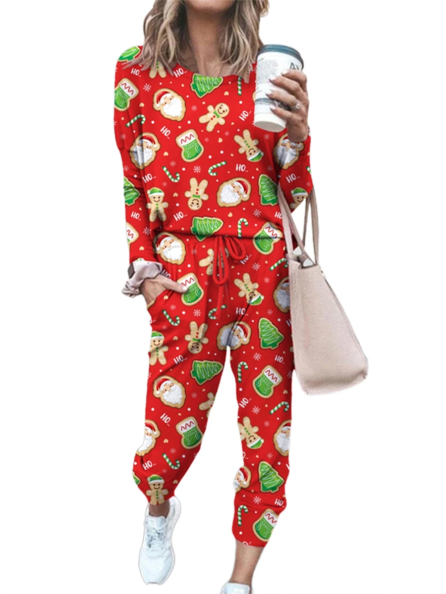 

Женский рождественские пижамные наборы Рождественский топ с длинным рукавом, длинные брюки с кулиской, комплект одежды для отдыха из 2 предметов, спортивные костюмы