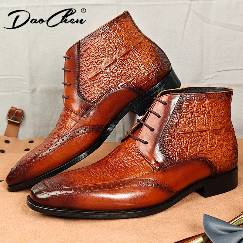 Осенне-зимние мужские ботильоны высокого качества из воловьей кожи с острым