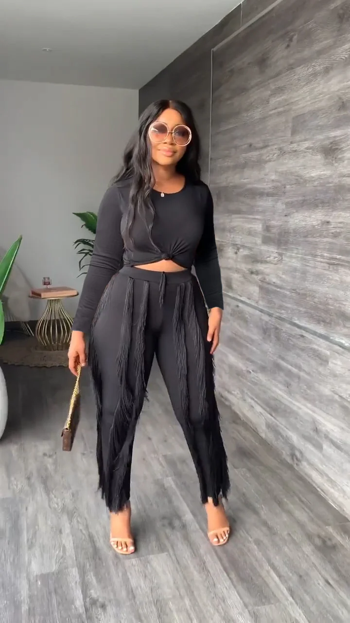 

Zoctuo Women Set Elegant Tracksuit Two Piece Set Fitness Outfit Long Sleeve T-shirt And Tassel Pants Suit Street Knit 2 Pieces