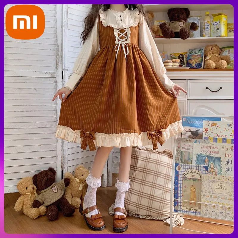 

Женское платье Лолита Xiaomi Kawaii, японское милое лоскутное платье в полоску с длинным рукавом и бантом, весенне-осенние бандажные наряды с обор...
