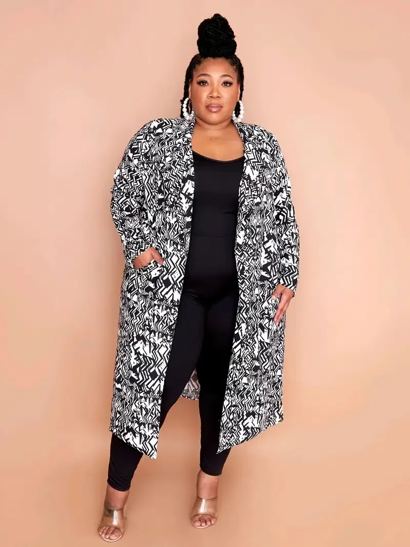 

Plus Size Geometric Print Long Sleeve Coat, Women's Plus Slight Stretch Casual Cardigan