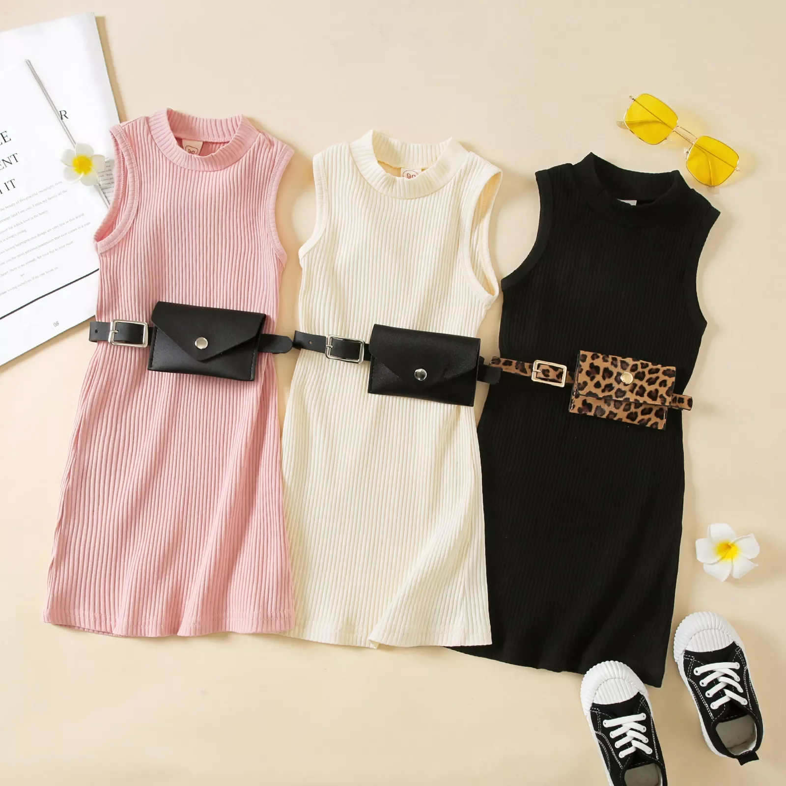 

Kids Baby Girls Dress, Solid Color Crew Neck Sleeveless Ribbed Gown with Waist Belt and Bag for Girls, 1-6 Years