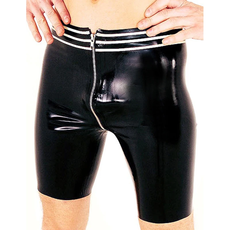

Sexy Military Latex Boxer Shorts With Front Zippers Stripe At Top Rubber Boyshorts Underpants Underwear Pants DK-0243
