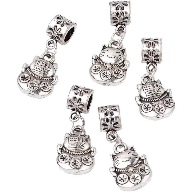 

10pcs Alloy European Dangle Beads Tibetan Style Antique Fortune Cat Pendant Beads Pendants Bracelet Necklace for Jewelry Making