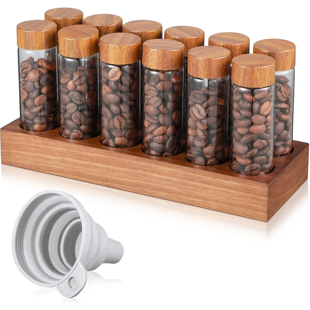 

Glass Coffee Beans Storage Tubes 12pcs Coffee Bean Cellars with Wooden Stand Single Dose Glass Coffee Bean Container Airtight