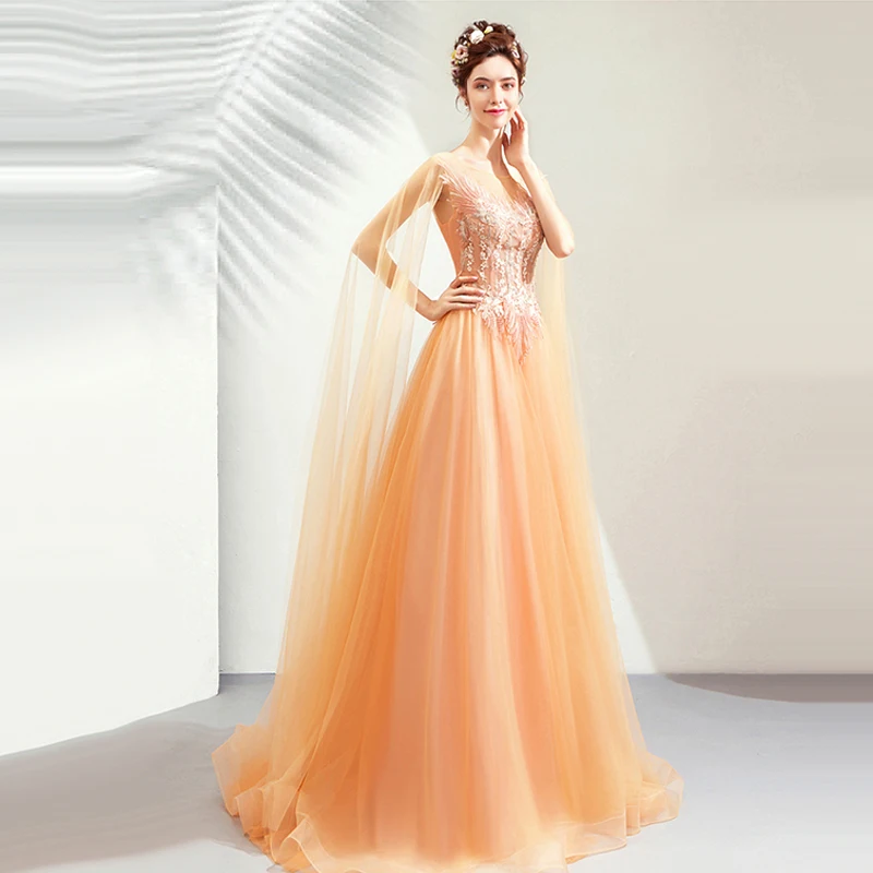 

Evening Dress Elegant Embroidery O-Neck Floor-Length Short Sleeves Lace Up A-Line Pleat Tulle Plus Size Women Formal Gowns TS022