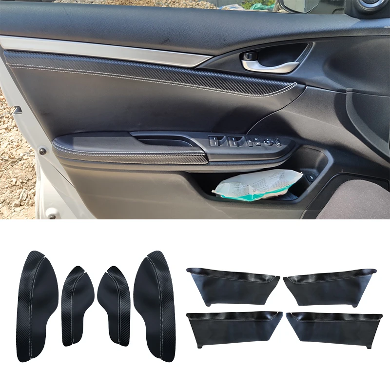 4pcs Soft Leather Door Armrest Cover For Honda Civic 10th Gen 2016 2017 Panels Trim Black with Carbon Texture Splice - купить по