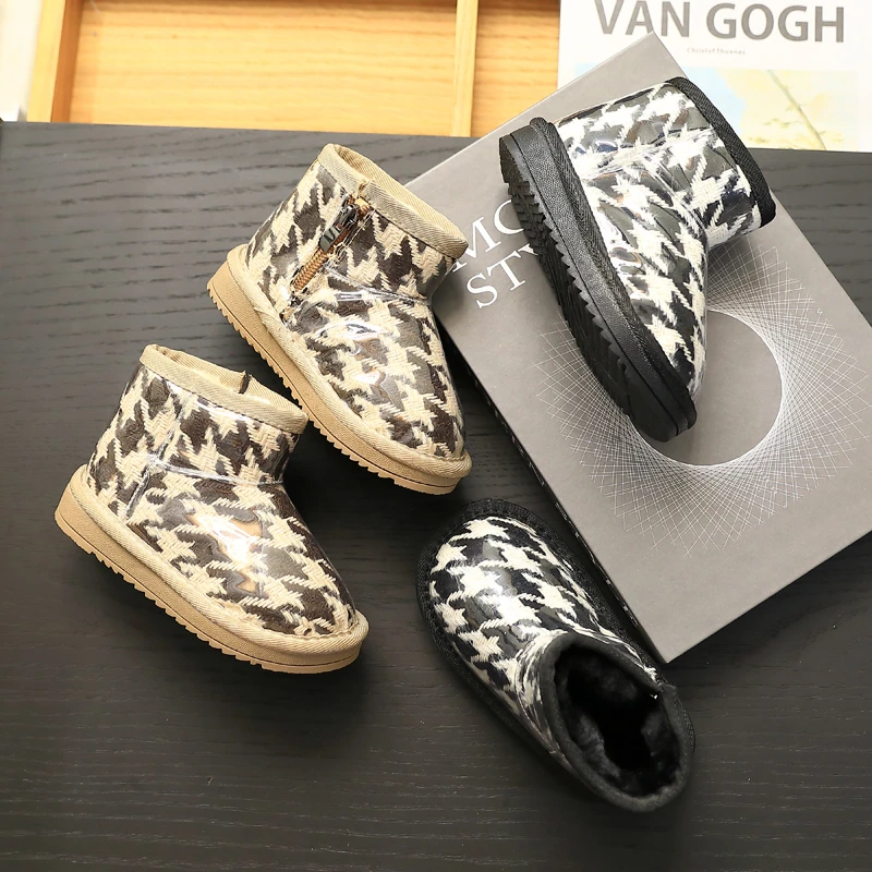 

Зимние детские ботинки для снежной погоды, короткие ботинки в клетку в стиле ретро для маленьких принцесс, теплая прозрачная Толстая хлопко...