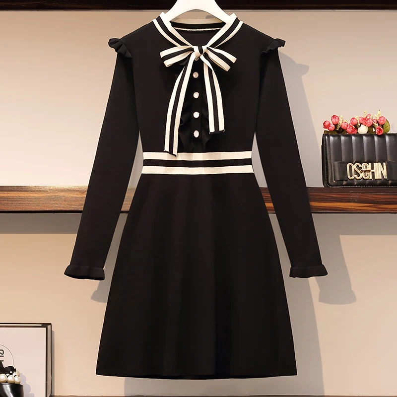 

2021 New Autumn Winter Women Ruffles Sweater Dress Plus Size Bowknot Striped Patchwork Knitting Long Sleeve A Line Dress